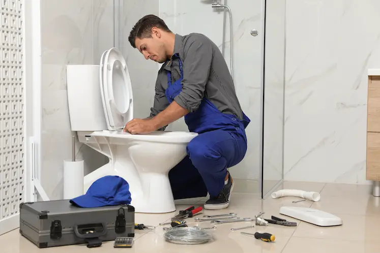 Uomo che ripara il wc in un bagno luminoso